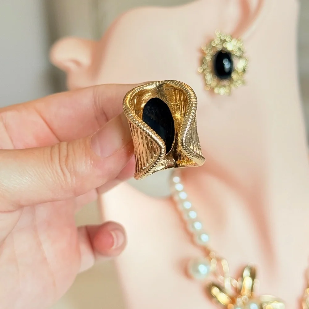 Gold-Tone Black Cabochon Statement Ring